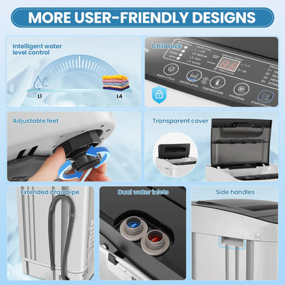 Veeboto 20lbs Fully Automatic Washing Machine, Washer Machine with 10 Wash Programs/8 Water Levels, Portable Washing Machine with LED Display & 1 Adjustable feet, White