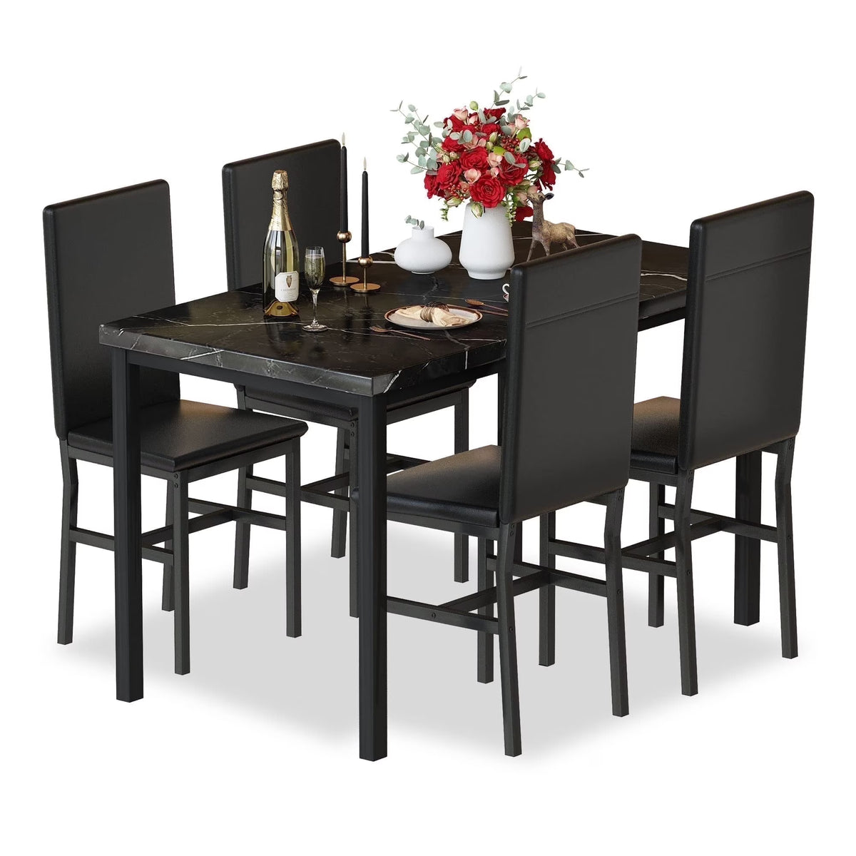 AWQM Dining Table Set of 4, Faux Marble 5 Piece Dining Room Table Set with PU Leather Chairs, Rectangular Kitchen Table Set for Apartment, Dining, White