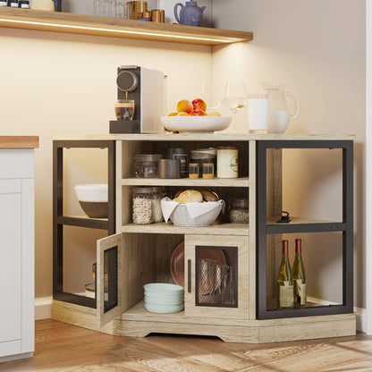 Dextrus Farmhouse Corner TV Stand for TVs up to 55 inch with Power Outlet, Wood Entertainment Center, TV Media Console with Storage, White Oak