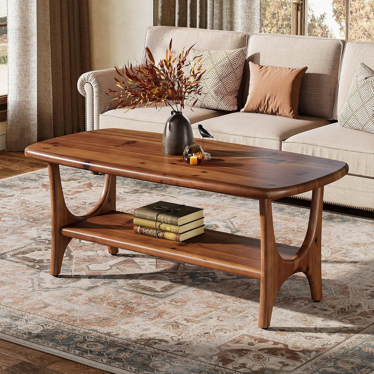 Fimind Solid Wood Coffee Table, 47.24" Mid-Century Modern Rectangle Center Table with 2-Tier Storage Shelf for Living Room, Small Space