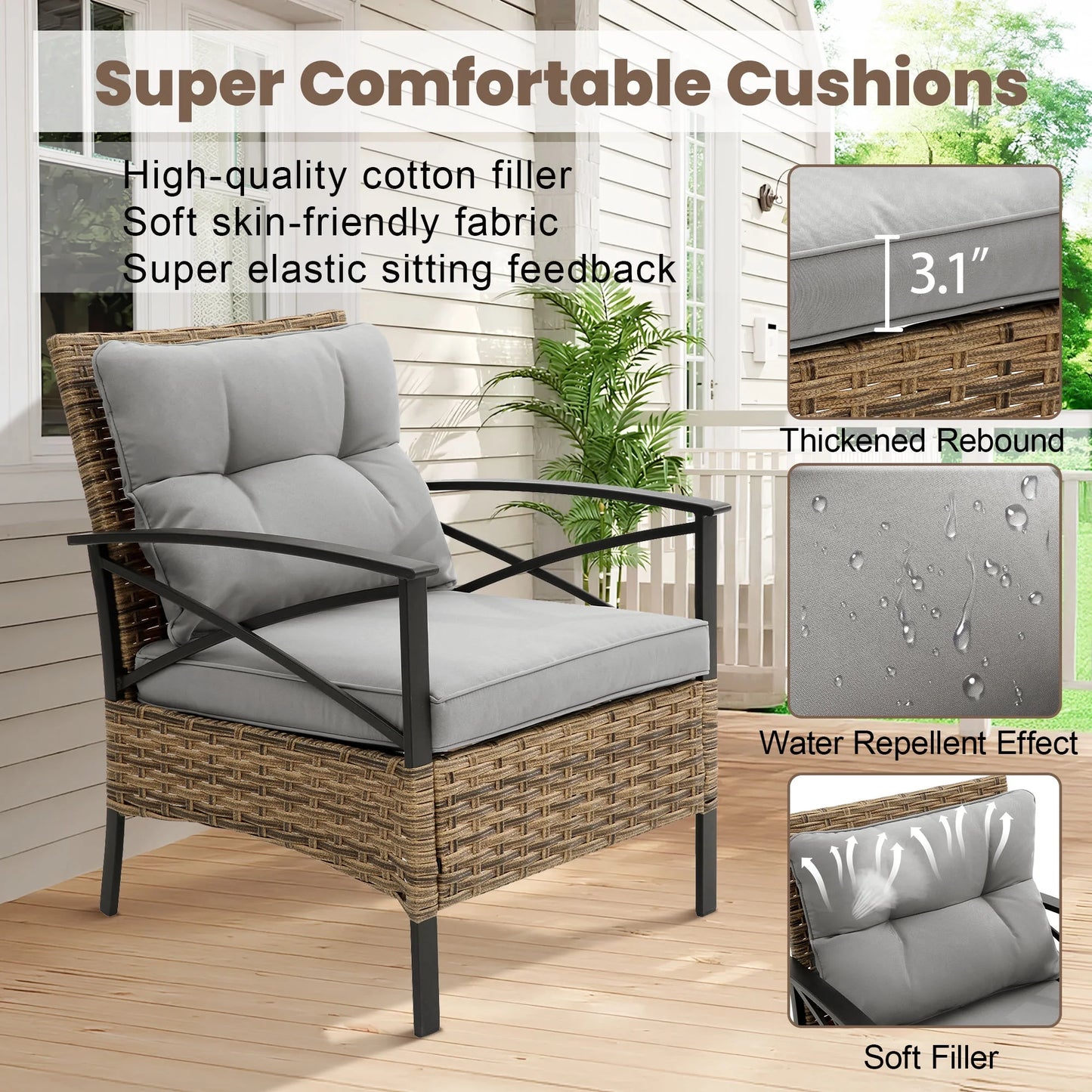 Heavy-duty Patio Furniture Set, 4 Piece Outdoor Sectional Conversation Sets, BrownPE Rattan Patio Sofa Set with Blue Cushions