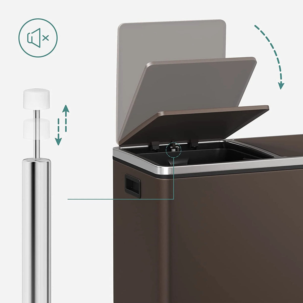 16 Gallon Dual Trash Can, Rubbish Bin and 15 Trash Bags, Metal, Almond Color