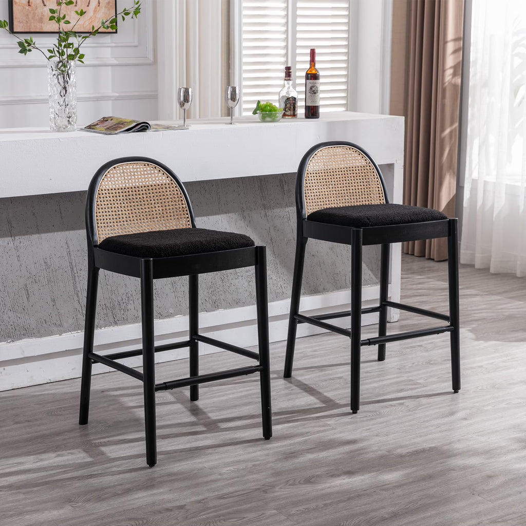 Guyou Modern Bar Stools Set of 2, 26" Counter Height Bar Stools with Natural Rattan Back and Solid Wood Frame, Sherpa Upholstered Kitchen Island Chairs for Bar Island Cafe Kitchen, Black