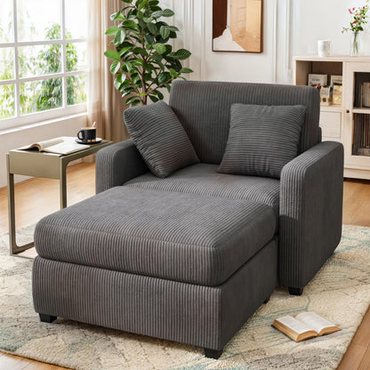 LUMIHO Chaise Lounge Chair Indoor, 42" Sleeper Chair with Two Throw Pillows and Armrests, Corduroy Chaise Couch Chair with Ottoman for Living Room, Bedroom, Apartment, Green