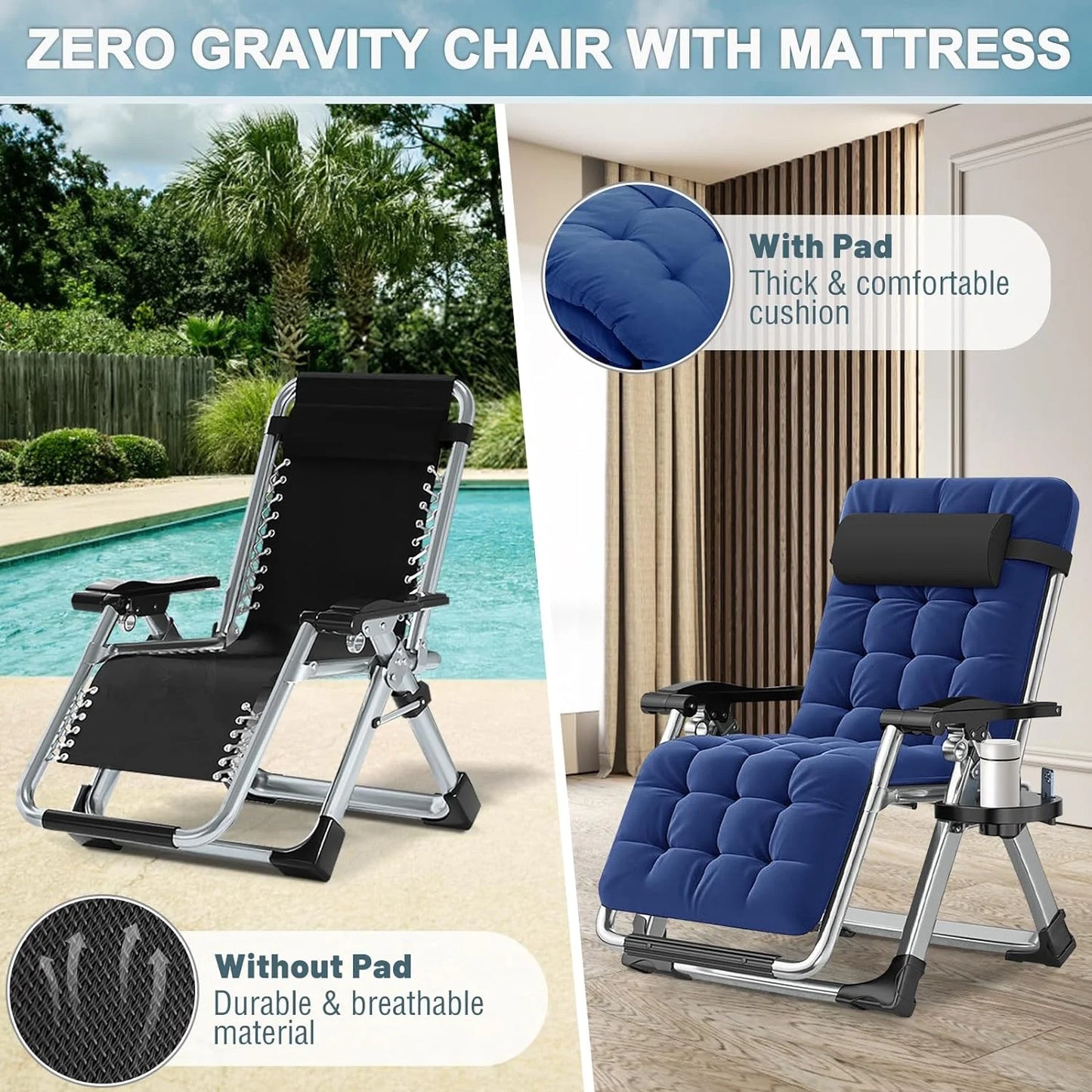 NAIZEA 2 Pack Zero Gravity Chair, Foldable Portable Lawn Recliner with Cushion, Headrest, Cup Holder, Black