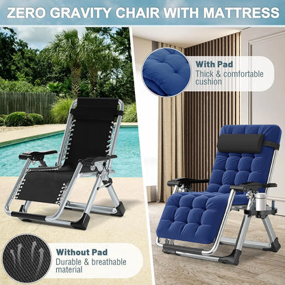 NAIZEA 2 Pack Zero Gravity Chair, Foldable Portable Lawn Recliner with Cushion, Headrest, Cup Holder, Black