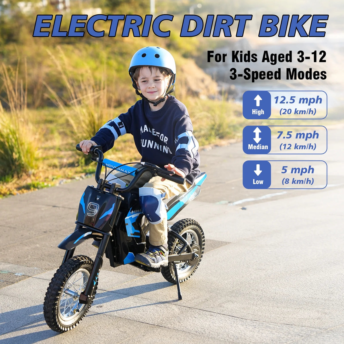 HOVERMAX H12M 36V Electric Dirt Bike, 300W Electric Motorcycle 15.5MPH Max Speed, Ride On Toys motocross for Kids Teens, Blue