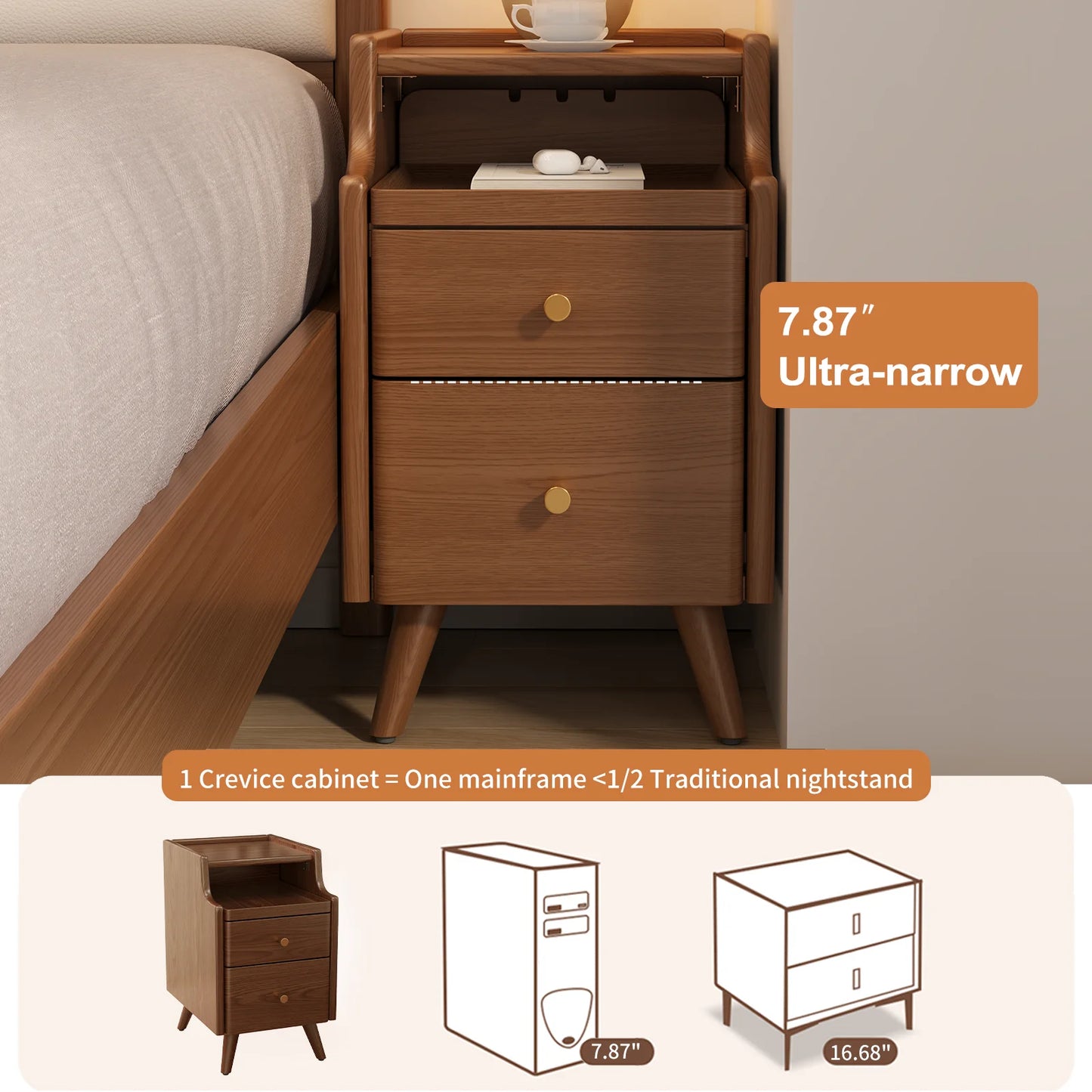 Small Nightstand,Solid Wood Nightstand with Drawers, Walnut Bedside Table for Bedroom