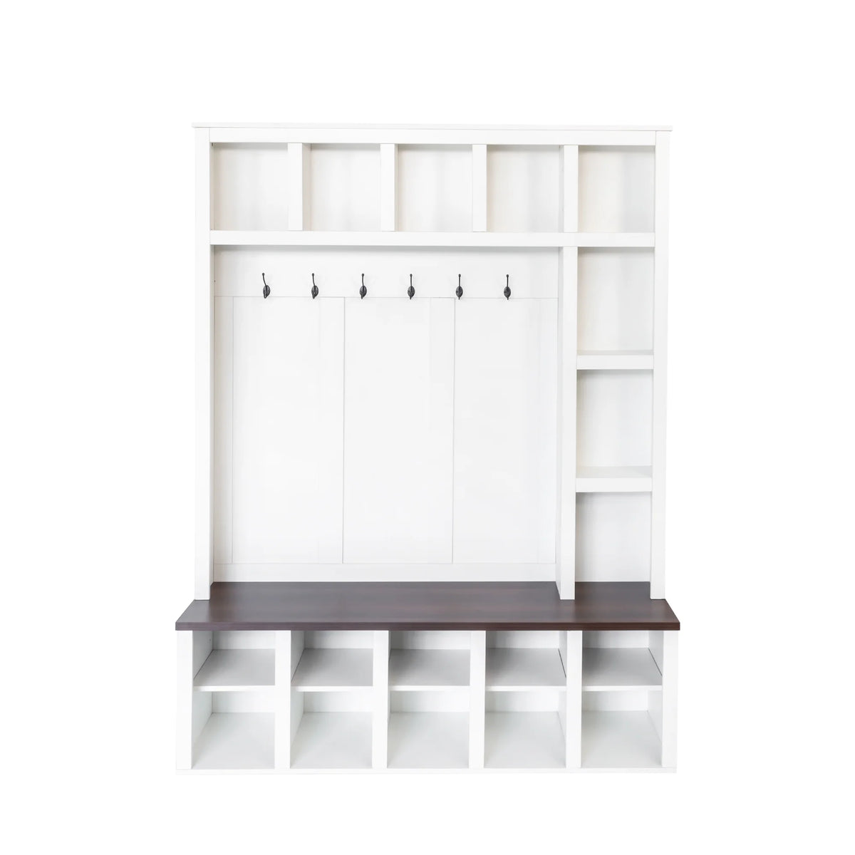 Euroco Farmhouse Wooden Style Hall Tree with 6 Hooks, Walnut Storage Bench, Adjustable Shelves, and 4-in-1 Entryway Shoe Cabinet with 13 Cubbies