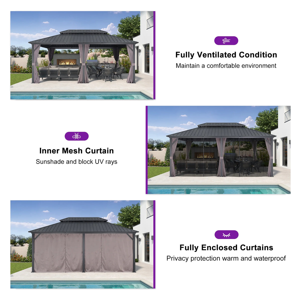 PURPLE LEAF 8' X 8' Gazebo Outdoor Gazebo Permanent Hardtop Gazebo with Galvanized Steel Double Roof for Patio Backyard Deck Aluminum Gazebo with Netting and Curtains Grey