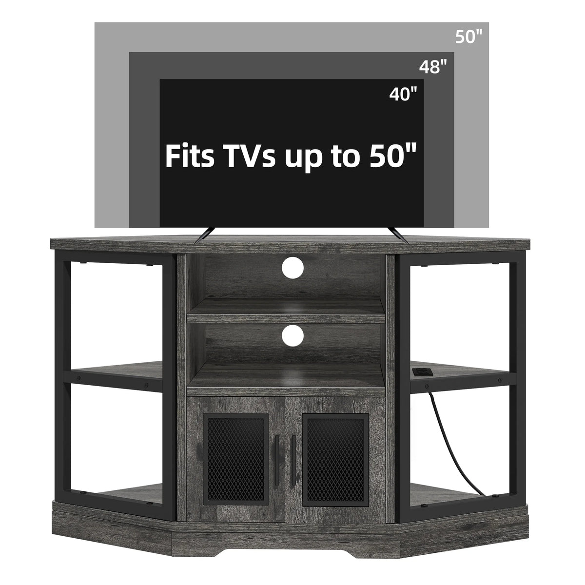 Dextrus Farmhouse Corner TV Stand for TVs up to 55 inch with Power Outlet, Wood Entertainment Center, TV Media Console with Storage, White Oak