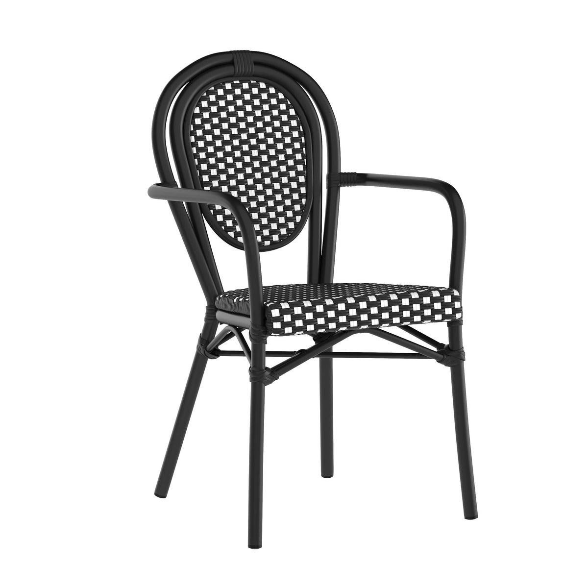 Merrick Lane Stacking Thonet French Bistro Style Chair with Arms, Black & White PE Rattan Seat, and Bamboo Finished Metal Frame for Indoor/Outdoor Use