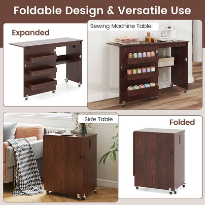 Costway Folding Sewing Table Rolling Craft Station with 3 Storage Bins & Charging Station White+natural