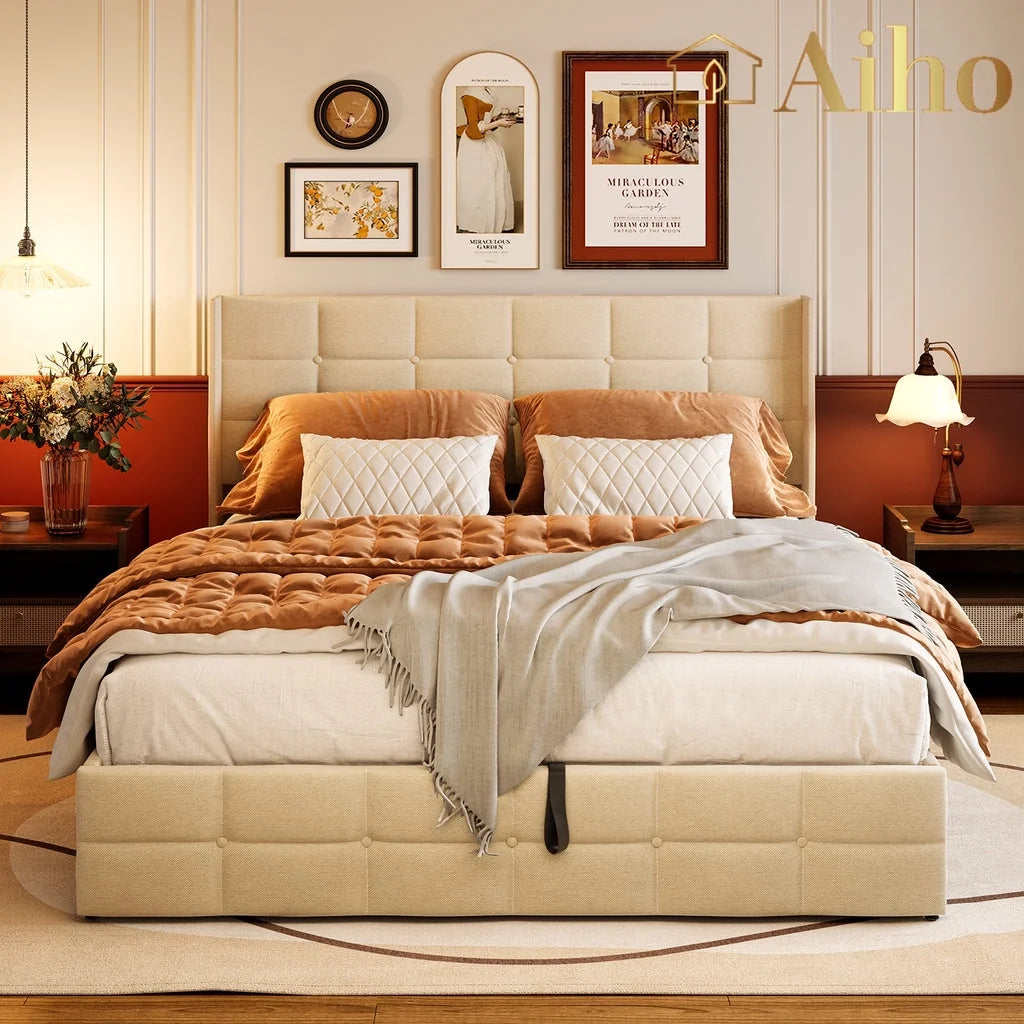 Aiho Full Lift Up Storage Bed, Full Size Bed Frame with Big Underneath Storage & Modern Wingback Headboard & No Box Spring Needed - Gray