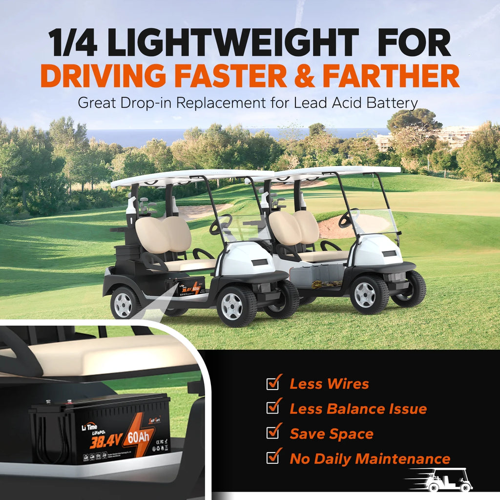 LiTime 36V 60Ah Golf Carts LiFePO4 Battery 120A BMS 2304Wh Energy Max. Power 4.6kW Support up to 3kW Motor