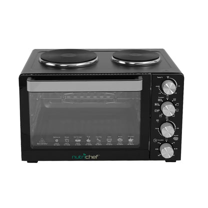 NutriChef 30 Quart Kitchen Convection Oven & 2 Burner Cooker - 1500 Watt Oven - 7 Cook Functions Rotisserie, Cook, Bake, Broil & More - Includes Baking Tray, Skewers & Handles - 19.6 x 16.0 x 13.5 IN