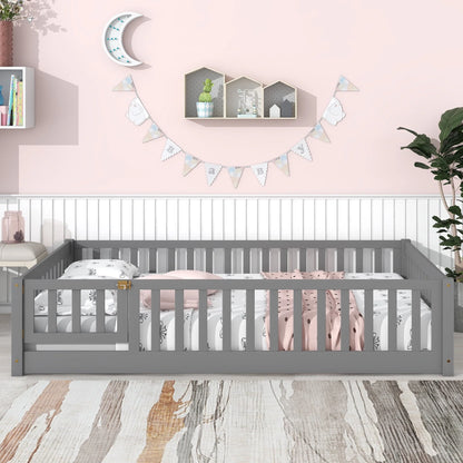 uhomepro Full Size Wood Floor Bed Frame with Fence and Door for Kids, Toddlers, Gray