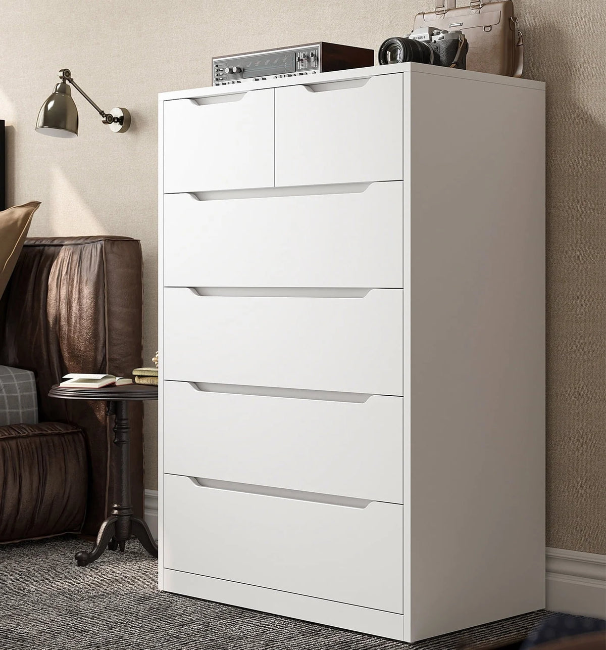 Dresser for Bedroom, Lofka 6 Drawer Dresser, Chest of Drawers Tall White Dresser with Anti-Tripping, Cutout Handles