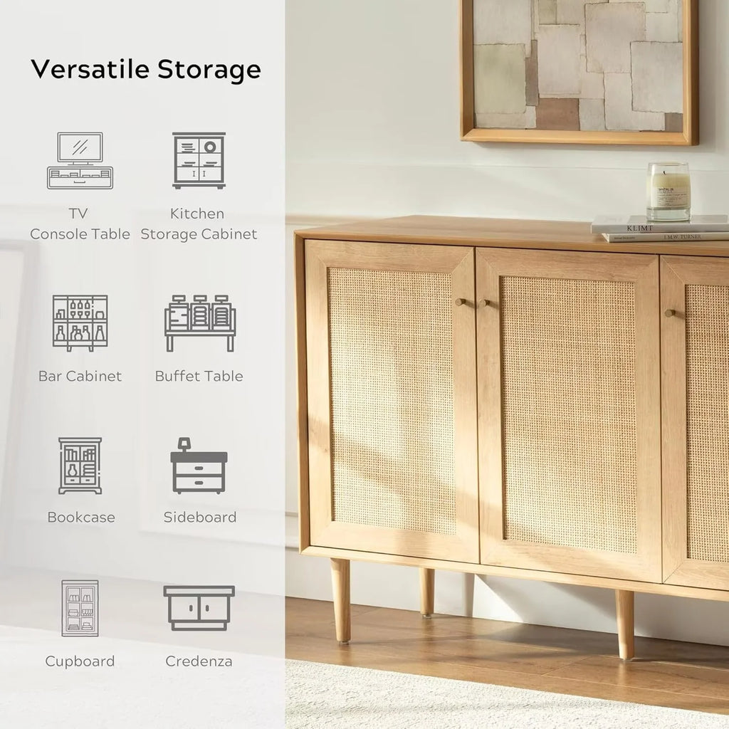 EYYTHUNG Farmhouse 3-Door Rattan Storage Cabinet, Solid Wood Entryway Buffet Sideboard