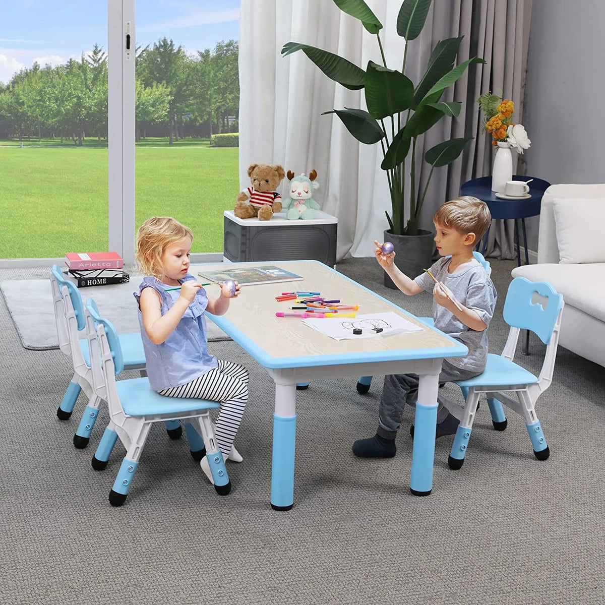 Arlopu Toddler Table and Chair Set Height Adjustable, Kids Activity Table for Reading, Drawing, Eating, Studying, Max 220lbs
