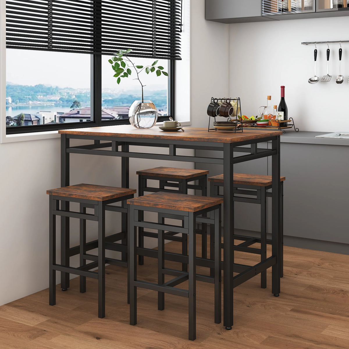 Counter Height Table Set of 5, Breakfast Bar Table and Stool Set, Minimalist Dining Table with Backless Stools, Wood Top Pub Table & Chair Set for Kitchen Apartment Bistro - Space Saving