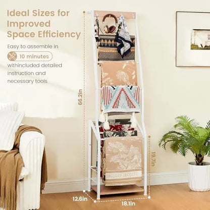 Blanket Ladder, 7 Tier Blanket Ladders for The Living Room,Wooden Ladder Shelf with Hooks, 5.5ft Blanket Holder Rack Farmhouse Ladder Rack for Storage and Home Decor, Rustic Brown and Black