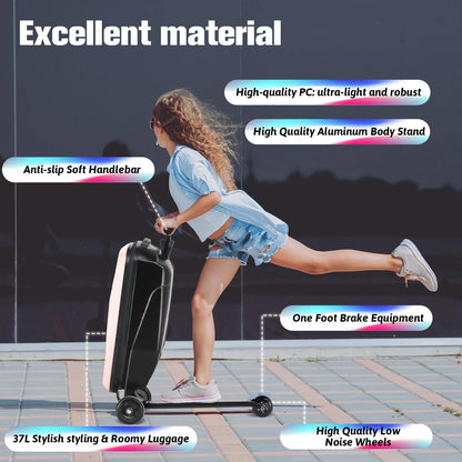 Advwin Scooter Luggage for Kids & Adults, Hardside Ride on Suitcase for Kids Ages 4-15 Multifunctional Lightweight Foldable Carry on Luggage with Wheels Ride on for Children Teenagers, Pink