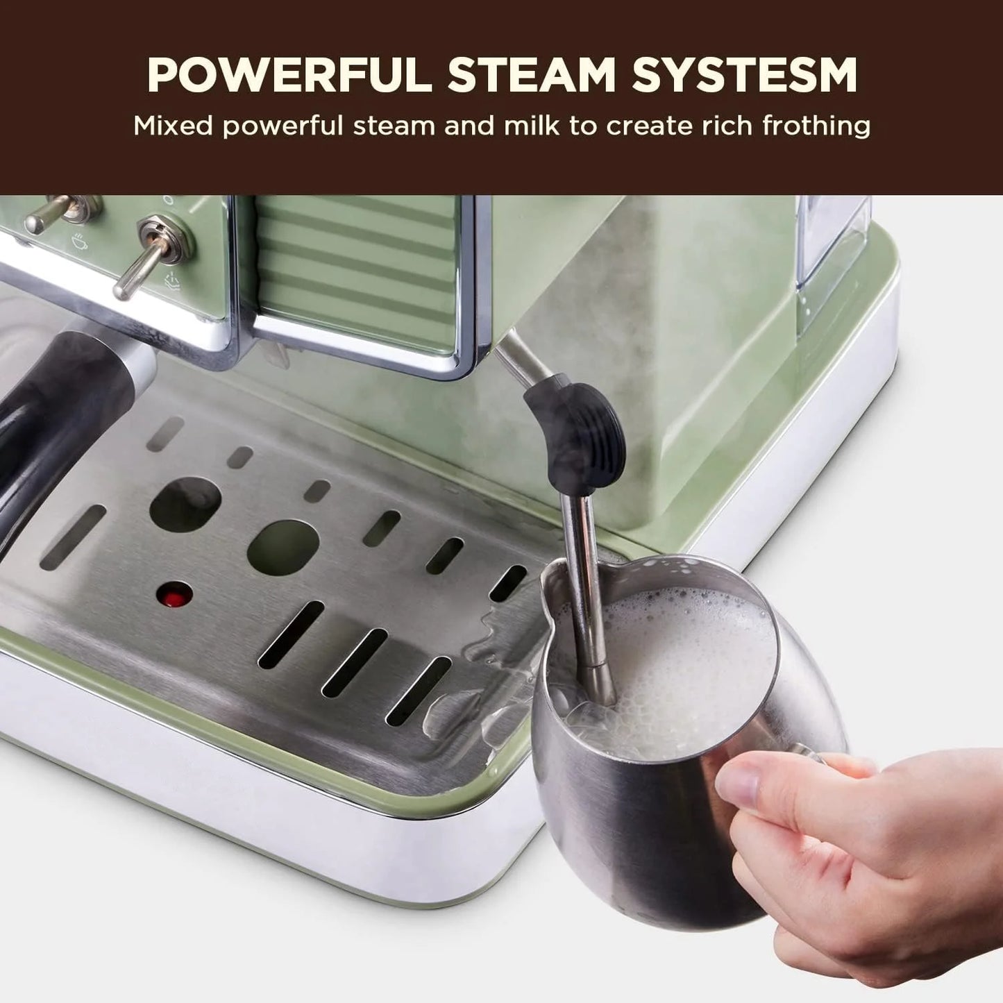Espresso Coffee Machine 15 Bar with Milk Frother Steam Wand, 1350W Professional Coffee Maker, 54 Oz Removable Water Tank Espresso Maker Cappuccino, Latte, Machiato, Green, For Home Barista