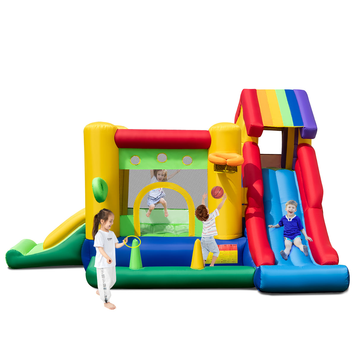 Costway Colorful Rainbow Kids Inflatable Bounce Castle with 50 Ocean Balls & 735W Blower