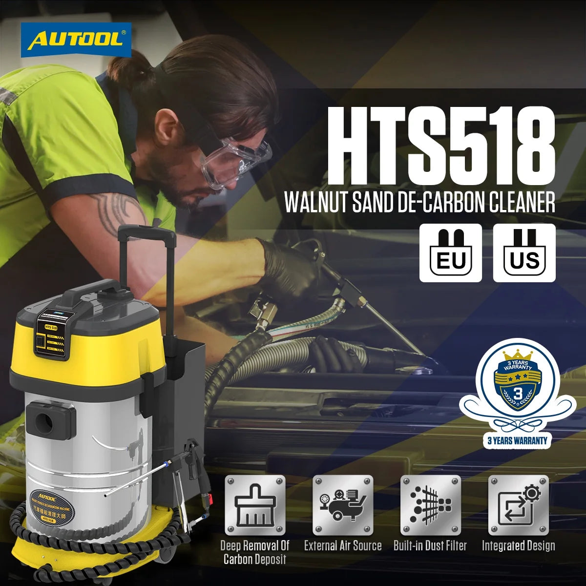 AUTOOL HTS558 Walnut Sand Carbon Deposition Clean Machine Walnut Shell Media Powder Sandblasting Machine Automotive Engine Intake Pipe Valve De-Carbon Cleaning Machine for Rust Grime Paint Removing