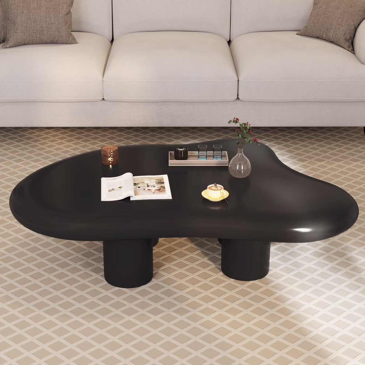 Guyii Cream White Coffee Table with 4 Legs, Irregular Side Table, Modern Wood Tea Table for Living Room, Apartment, Office