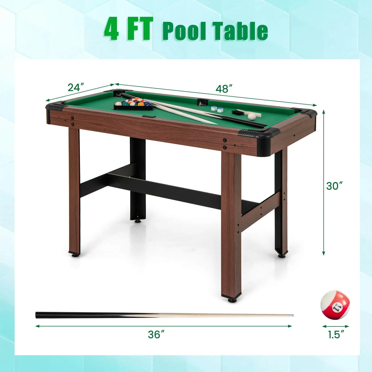 Costway 48" Pool Table for Kids & Adults with Full Set of Balls 2 Cue Sticks 2 Chalks Green
