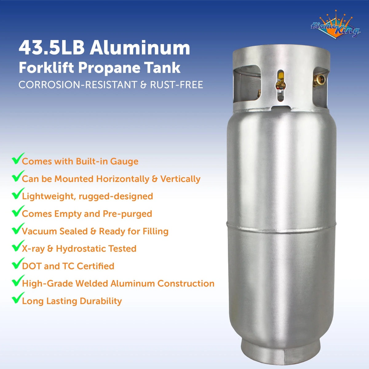 Flame King 43.5LB Aluminum Forklift Propane Tank with Gauge, Corrosion-Resistant, Rust-Free, Lightweight