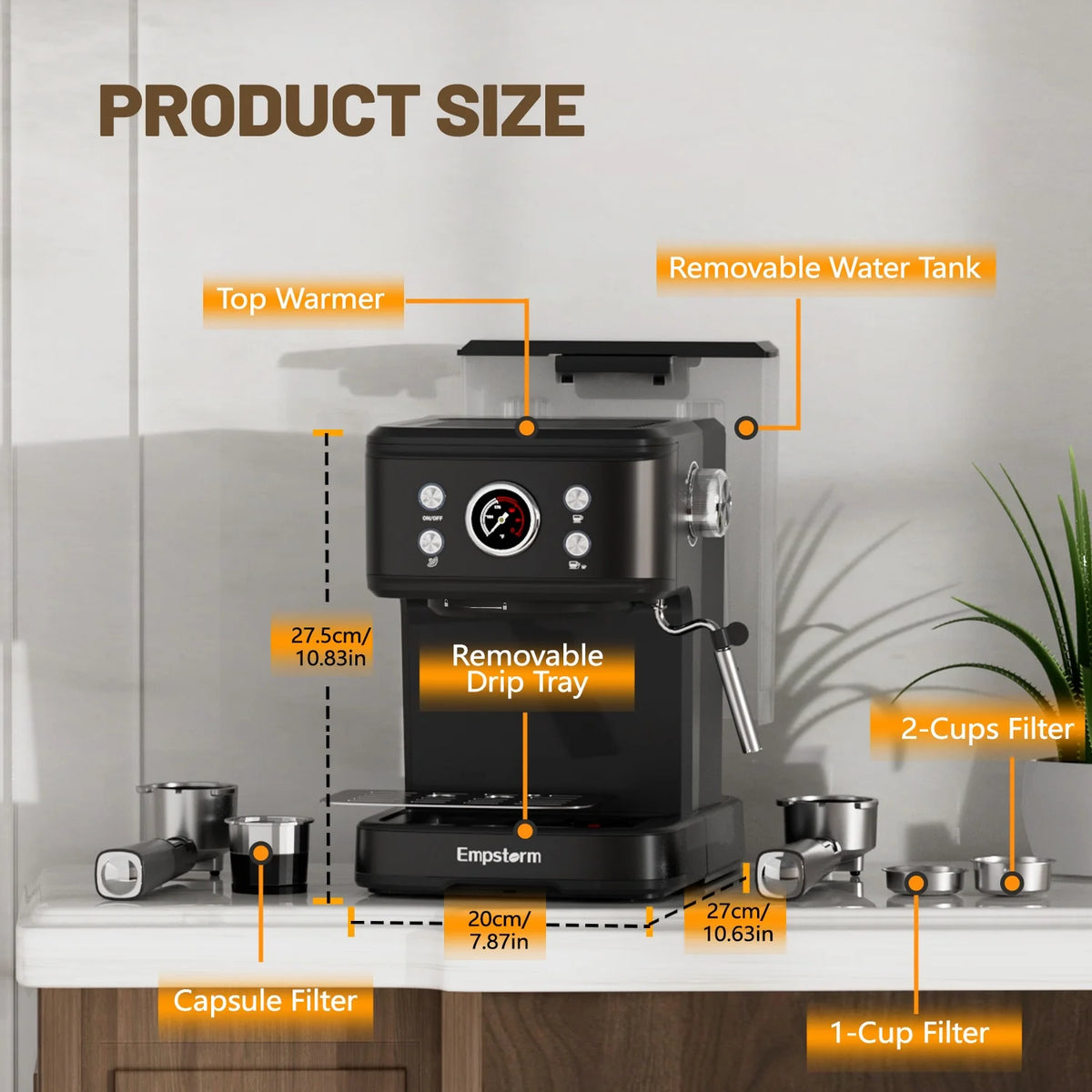 Empstorm 20 Bar Espresso Machine with Milk Frother Steam Wand, 3-in-1 Coffee Maker, Compatible with NS Pods, Stainless Steel, for Latte & Cappuccino, Beige