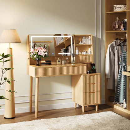 UGTOO 45.2" Modern Vanity Desk with LED Mirror & USB Charging, Wood Makeup Dressing Table with 7 Drawers for Bedroom