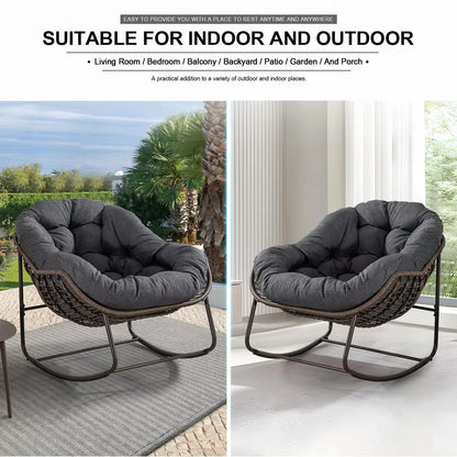Outdoor Papasan Rocking Chair, Patio Oversized Wicker Egg Rocking Chair, Indoor & Outdoor Comfy Rocker Chair with Thick Cushion, Modern Lounge Chair for Front Porch, Garden, Backyard, Grey