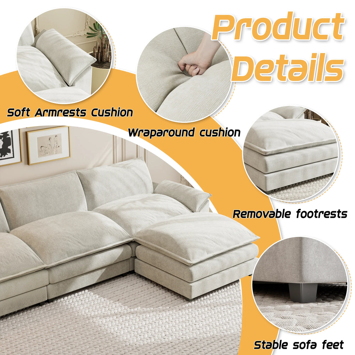 Homall Sectional Sofa 3-seat L-shaped Sofa with reversible toffee chair Movable Footrest Sofa,Gray