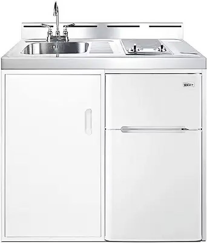 39 inch wide all-in-one kitchenette with 2-burner 115V smooth-top cooktop, refrigerator-freezer, sink, and storage cabinet