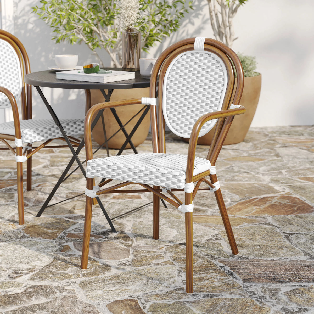 Merrick Lane Stacking Thonet French Bistro Style Chair with Arms, Black & White PE Rattan Seat, and Bamboo Finished Metal Frame for Indoor/Outdoor Use