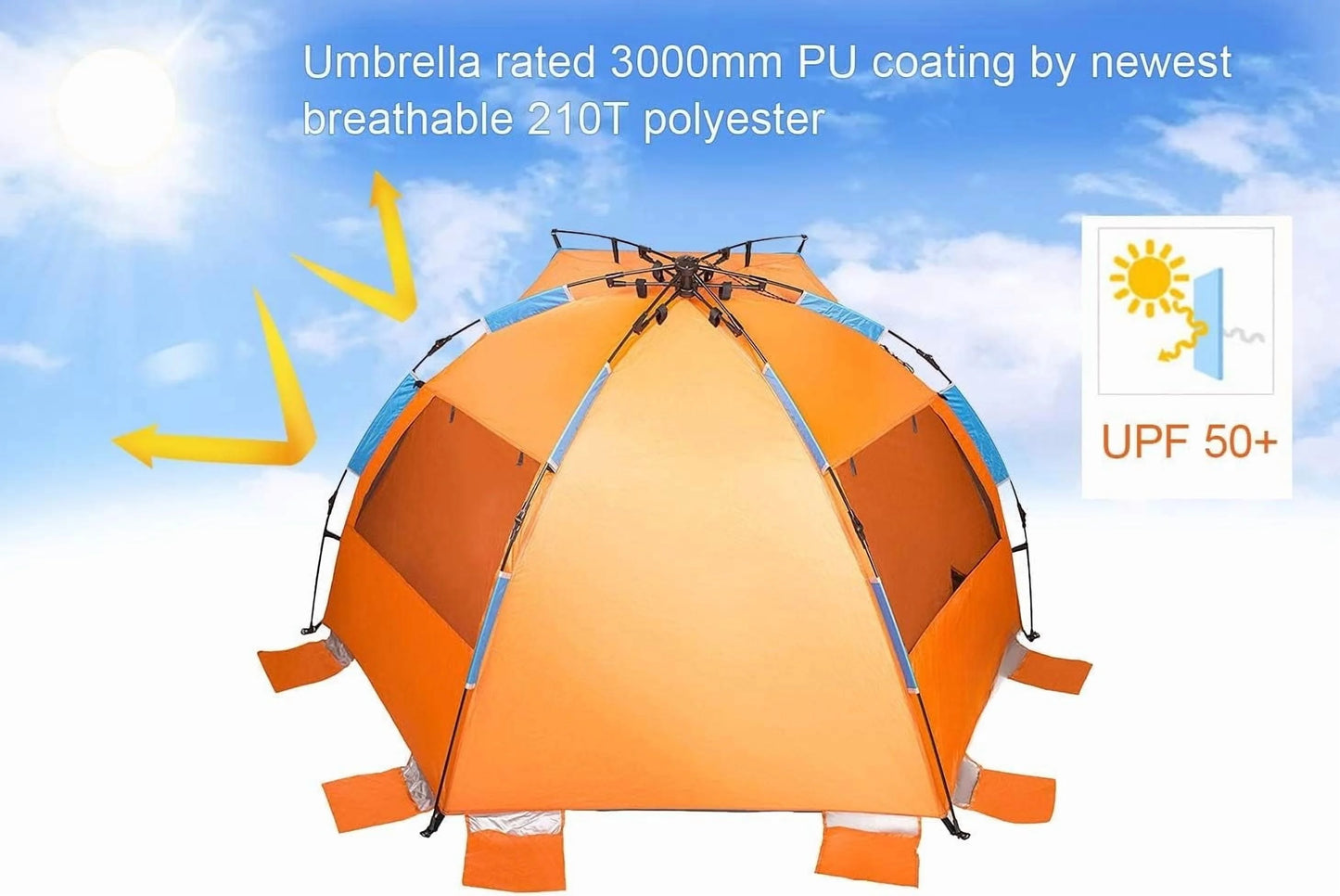 X-Large 4 Person Beach Tent Sun Shelter - Portable Sun Shade Instant Tent for Beach with Carrying Bag, Stakes, 6 Sand Pockets, Anti UV for Fishing Hiking Camping, Waterproof Windproof, Orange