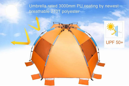 X-Large 4 Person Beach Tent Sun Shelter - Portable Sun Shade Instant Tent for Beach with Carrying Bag, Stakes, 6 Sand Pockets, Anti UV for Fishing Hiking Camping, Waterproof Windproof, Orange