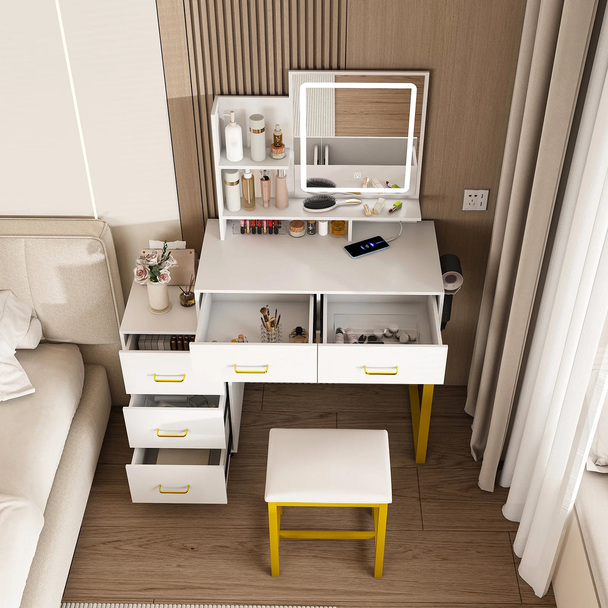 Montary Modern Mini Vanity w/Adjustable LED Mirror + Hidden Storage, Padded Stool & Dustproof Shelves (White)