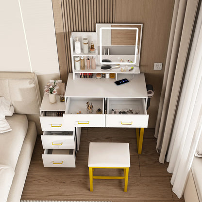 Montary Modern Mini Vanity w/Adjustable LED Mirror + Hidden Storage, Padded Stool & Dustproof Shelves (White)