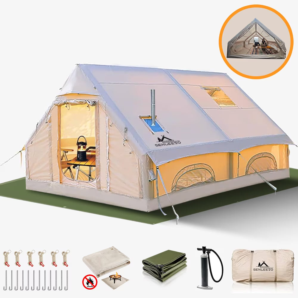 Inflatable Camping Tents 4/6/8/10 Person,129 Square Feets Large Blow up Tent with Stove Jack
