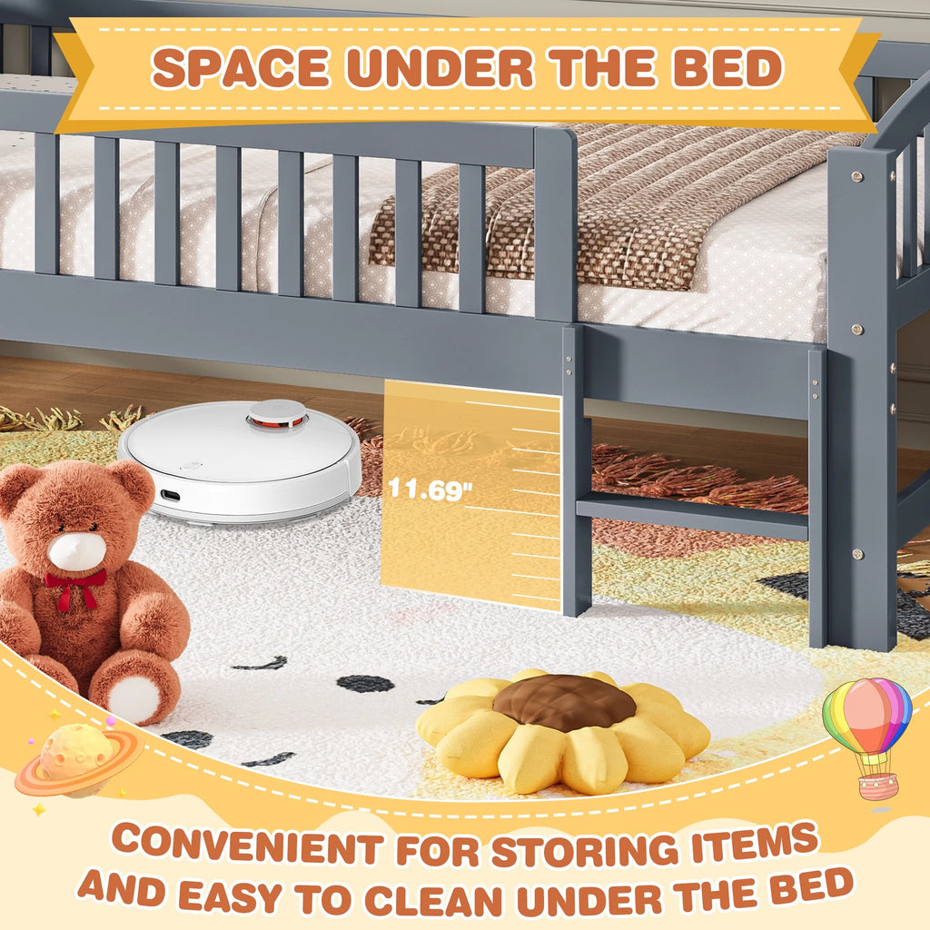 SESSLIFE Twin Size Platform Bed, Solid Wood Twin Bed Frame with Slats, Fence Guardrail Ladder, Twin Floor Bed with Strong Legs for Boys Girls, No Box Spring Needed, Holds 400 lbs, White