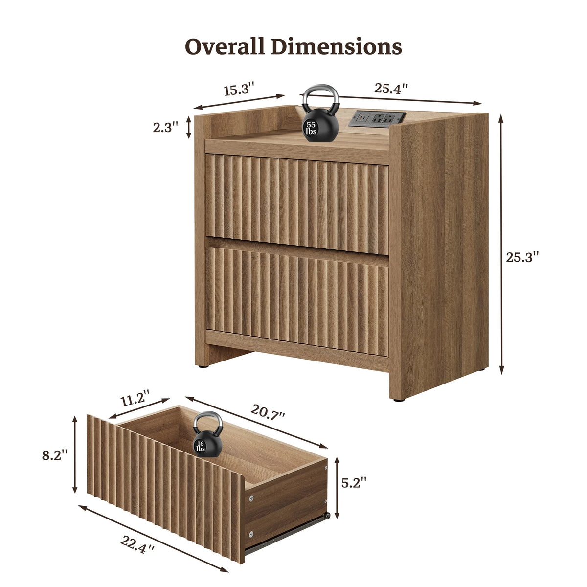 SICOTAS 25.4" Wide Nightstand Set of 2 with Charging Station, Modern Night Stand  with  2 Fluted Dresser & Handle-Less Storage Farmhouse Bed Side Table  for Bedroom, Natural Oak