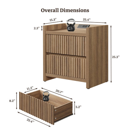 SICOTAS 25.4" Wide Nightstand Set of 2 with Charging Station, Modern Night Stand  with  2 Fluted Dresser & Handle-Less Storage Farmhouse Bed Side Table  for Bedroom, Natural Oak