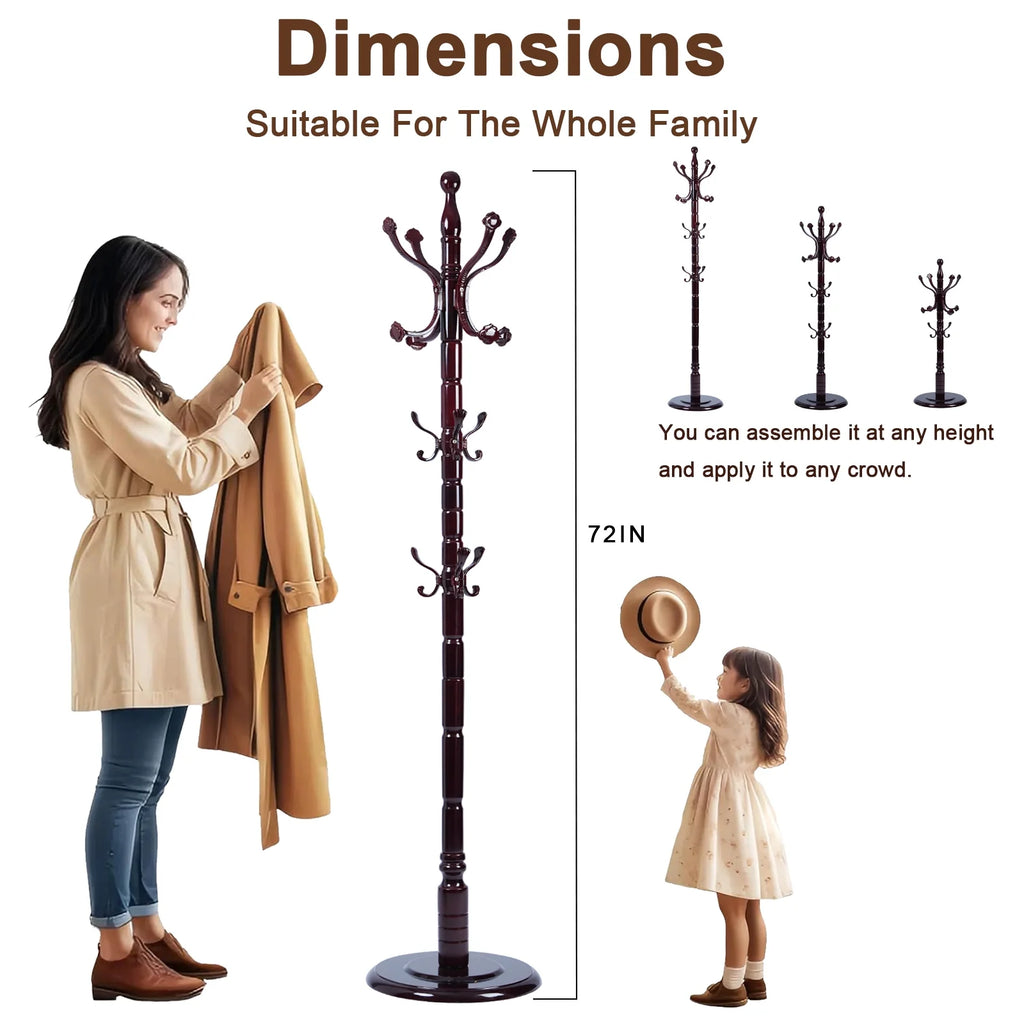 Coat Rack Freestanding, Hall Tree with 11 Hooks, Heavy Duty Wooden Coat Tree Stand, Adjustable Height, Sturdy Base for Bedroom Hallway Office - Load 270lbs