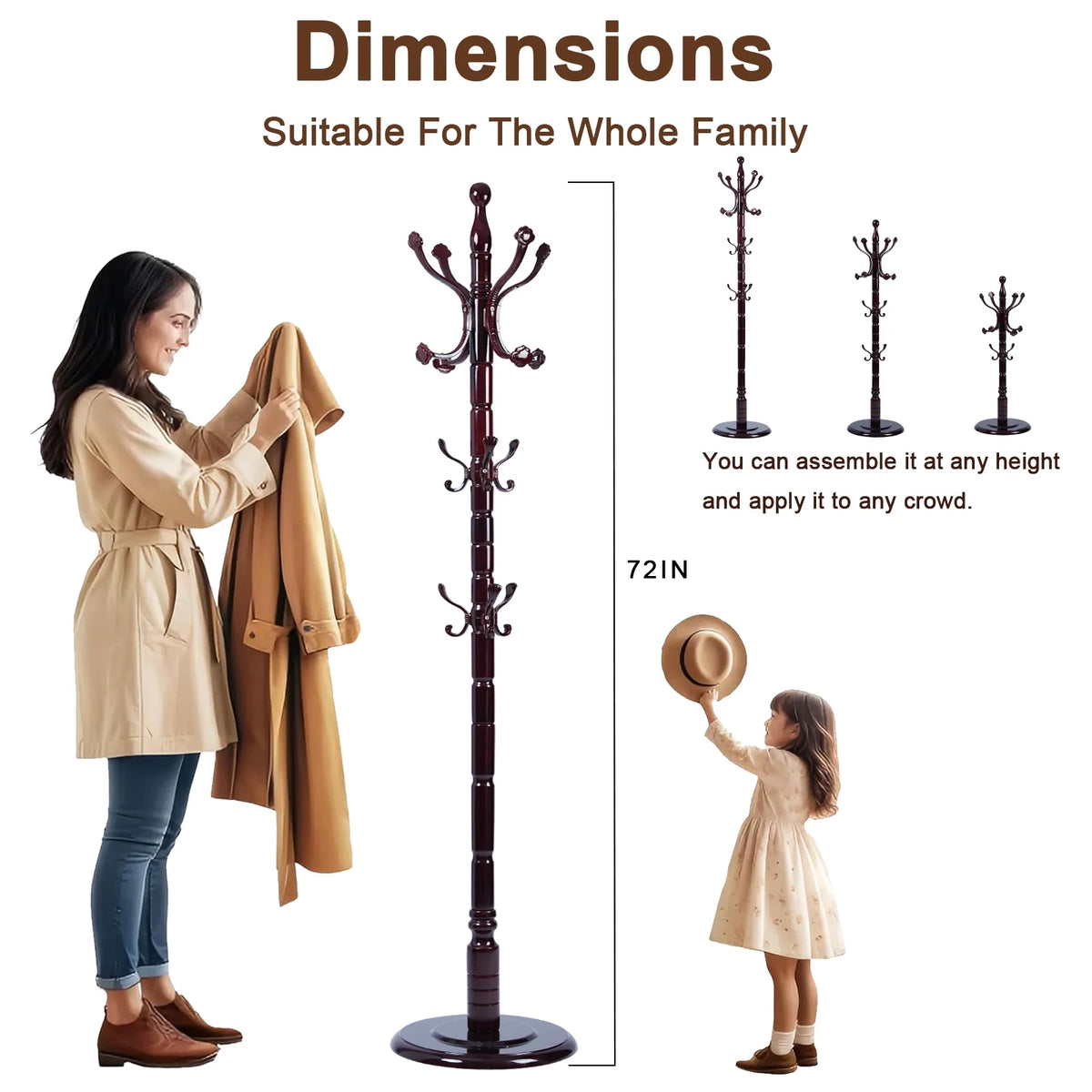 Coat Rack Freestanding, Hall Tree with 11 Hooks, Heavy Duty Wooden Coat Tree Stand, Adjustable Height, Sturdy Base for Bedroom Hallway Office - Load 270lbs