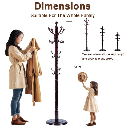 Coat Rack Freestanding, Hall Tree with 11 Hooks, Heavy Duty Wooden Coat Tree Stand, Adjustable Height, Sturdy Base for Bedroom Hallway Office - Load 270lbs